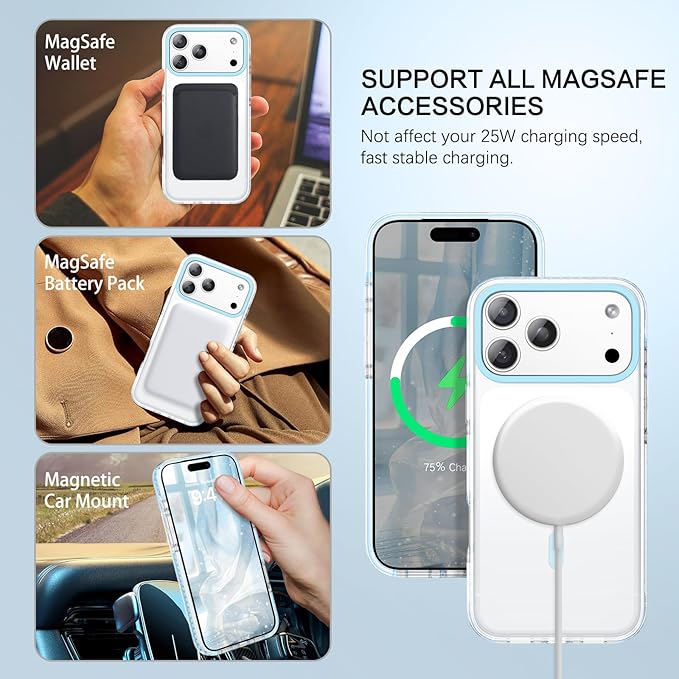 BENTOBEN Magnetic for iPhone 17 Pro 6.3" Case, Compatible with Magsafe Military Shockproof Protective Bumper Cute Transparent Slim Anti-Yellowing Phone Case for iPhone 17 Pro Cover, Clear Blue