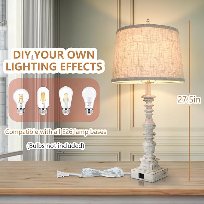 Set of 2 Farmhouse Table Lamps, 27.5'' Tall Rustic Bedside Lamps with 2 USB Ports, Beige Fabric Shade Nightstand Lamp, White Resin Desk Lamp with Rotary Switch for Living Room, Bedroom, Office