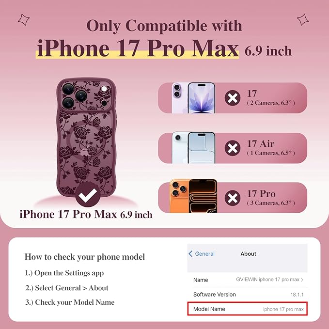 GVIEWIN for iPhone 17 Pro Max Case Compatible with MagSafe [Curly Wave Edge][Full Camera Protection] Floral Translucent Shockproof Magnetic Women Phone Case for 17 Pro Max, Filigree Rose/Burgundy