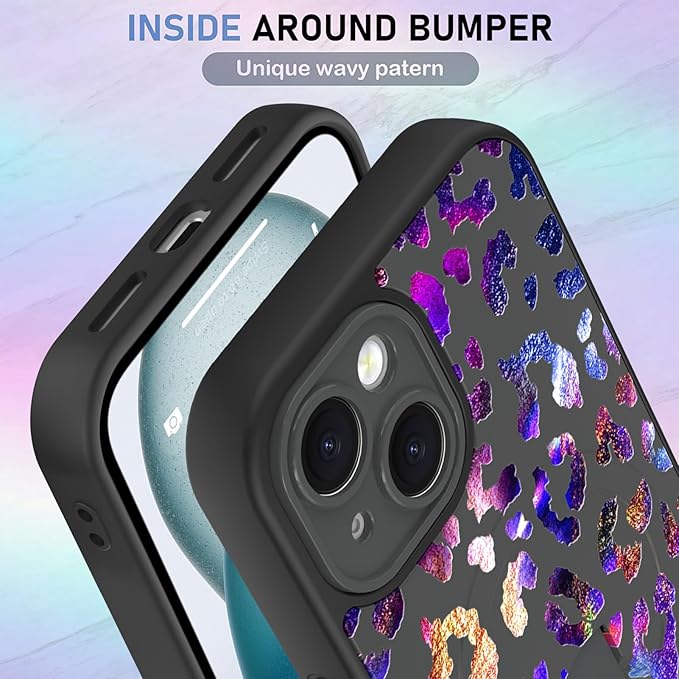 KANGHAR Compatible with iPhone 15 Case, Support for MagSafe, Silicone Cute Iridescent Leopard Cheetah Pattern, Wristband Kickstand Shockproof Protective Slim Cover for Women Girls, Black