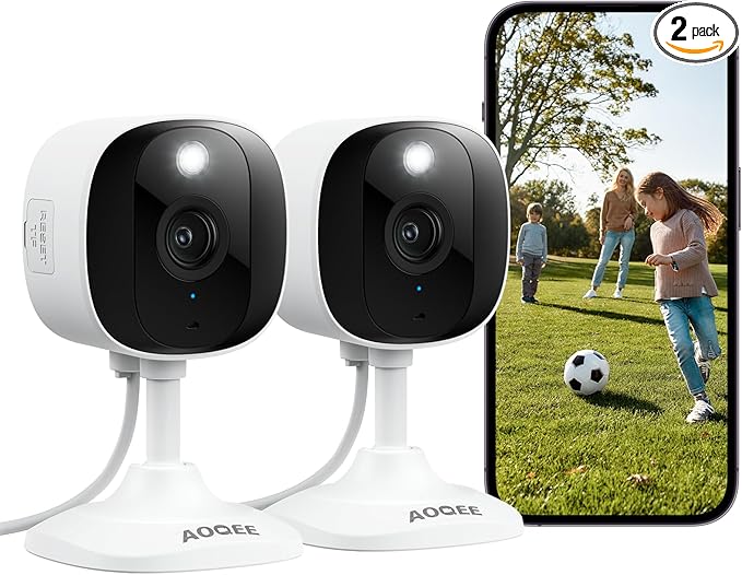 AOQEE 2K Cameras for Home Security-Outdoor/Indoor Camera for Dog/Cat/Pet/Nanny/Baby/Elderly, Color Night Vision, White Light, Siren, 24/7 SD Recordings, Works with Alexa, Plug in (C1-White-2pack-2.4G)