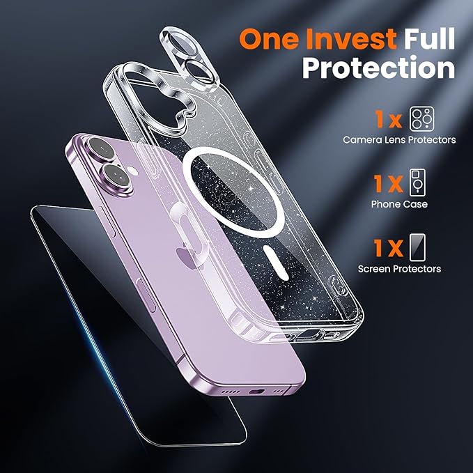 toushion 3 in 1 for iPhone 17 Case Clear Glitter,Fits MagSafe, Not Yellowing, Screen Protector*1 Camera Lens Protector*1, Military-Grade Protection for Phone Cover 6.3 inch