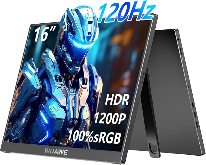 WUAWE 16" 1200P 120Hz Portable Monitor, 100% sRGB Portable Gaming Monitor with Built-in Stand,HDR and Freensync, External USB C Monitor for Laptop, PC, Phone, Switch and PS5 (Black)