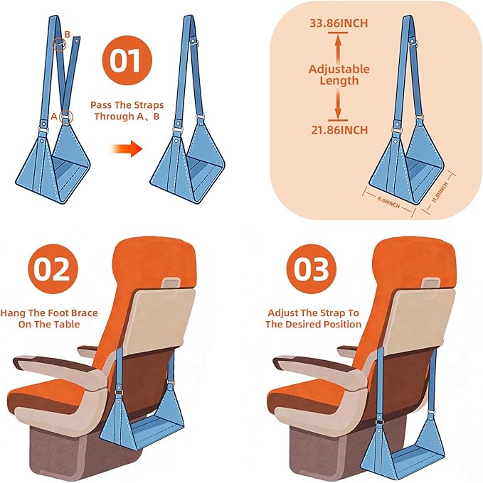 Airplane Foot Hammock, No Collapse Foot Rest for Plane Travel with Extended Adjustment Strap, Portable Desk Foot Hammock with,Cotton Denim, Foot Sling Travel Essentials to Relax Your Feet (Dark Blue)