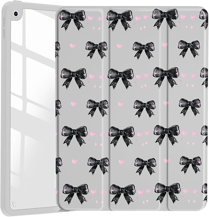 JOYLAND Cute Y2K Black Bow Case for iPad mini 7th(A17 Pro) 2024 / Mini 6th Generation 8.3" 2021,Clear Transparent Acrylic Hard Back Grey Case with Pencil Holder Trifold Stand Tablet Cover