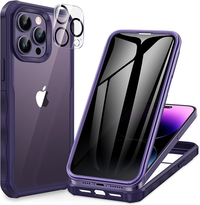 CENHUFO Privacy for iPhone 14 Pro Max Case, Full Body Phone Case with Built-in 9H Tempered Glass Privacy Screen Protector and Camera Lens Protector, Anti Peep Shockproof Bumper Cover - Deep Purple