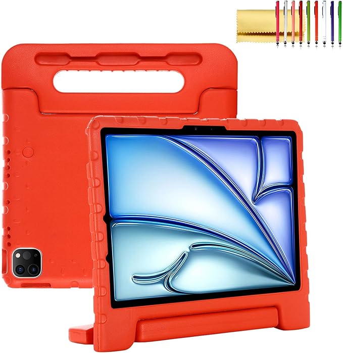 Dteck Kids Case for iPad Air 11" M2 2024, iPad Pro 11" Case 2024, Lightweight Shockproof Rugged EVA Kids Friendly Handle Kickstand Child Proof Protective Case with Pencil Holder, Red