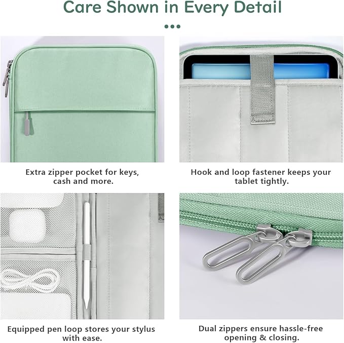 Dadanism 9-11 Inch Tablet Sleeve Padded Carrying Case for iPad (A16) 11th Gen 11", iPad 10th Gen 10.9", iPad Air M4/Pro M5 11", iPad Air 5/4, iPad 9/8/7th Gen, Galaxy Tab A11+ Plus 11",Matcha Green