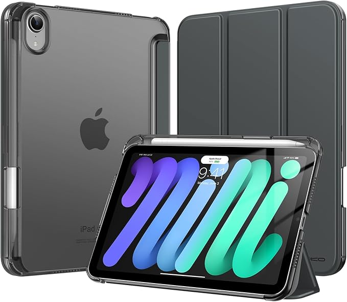 MoKo for iPad mini 7 A17 Pro Case 2024, iPad mini 6th Generation Case 8.3 Inch 2021 with Pencil Holder, Slim Light Trifold Smart Protective Cover with Hard PC Translucent Back Shell, Space Gray