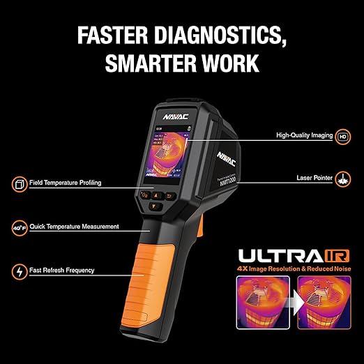 NAVAC NMT1200 Thermal Imaging Camera - Ultra IR Technology & Thermal Detector - Reduced Noise - Accurate Imaging - 25Hz Refresh - Up to 8-Hour Battery Life -Multiple Color Presets for HVAC Technicians