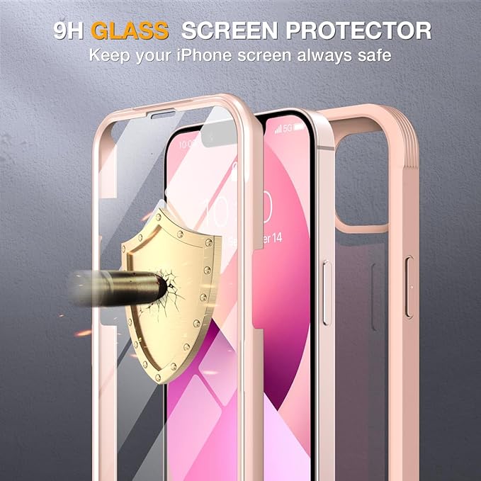 Miracase for iPhone 13 mini Case 5.4",Full-Body Protection,Clear Bumper Case with Built-in 9H Tempered Glass Screen Protector,Military-Grade Drop Protection Outdoor Phone Case for iPhone 13 mini,Pink