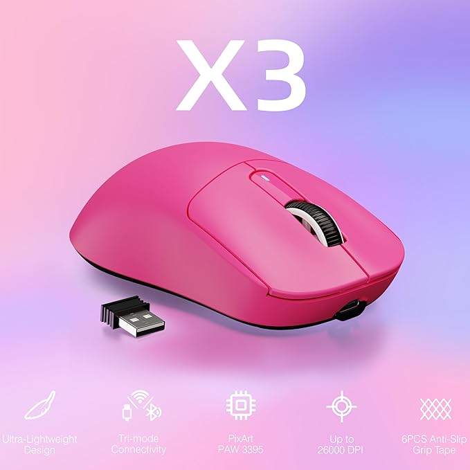 ATTACK SHARK X3 Wireless Gaming Mouse, 49g Ergonomic Computer Mouse, Triple Modes PAW3395 26K DPI Optical Sensor, 200h Battery Life, Programmable Buttons, Gaming Accessories for PC/Laptop/Mac (Berry)