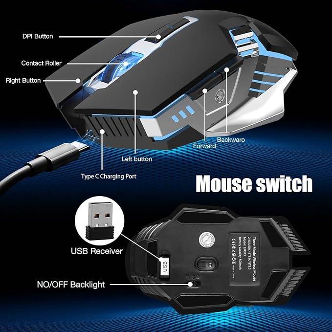 Bluetooth Gaming Mouse, RGB Rechargeable USB Wireless Mouse, Quiet Click, LED Backlit, Ergonomic, with Side Button, 6 Button, DPI Adjustable, Computer Mice for Laptop PC MacBook Chromebook - Black