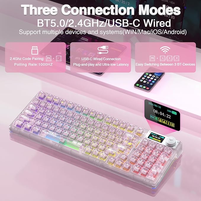 AULA F98 Pro V3 Wireless Mechanical Keyboard with Transparent Keycaps,Hot-swappable,Pre-lubed Linear Switches,Gasket Structure,RGB Backlit,TFT Screen,BT5.0/2.4G/USB-C Wired Computer Keyboard