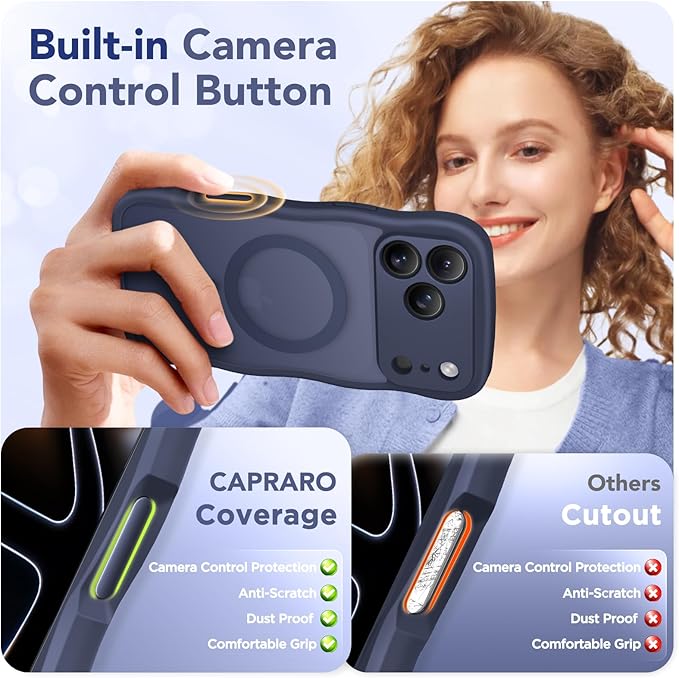 CAPRARO Magnetic for iPhone 17 Pro Case for Women Girls, Upgraded [Full Camera Protection] [Compatible with MagSafe] Cute Wave Translucent Matte Phone Case for iPhone 17 Pro, Dark Blue