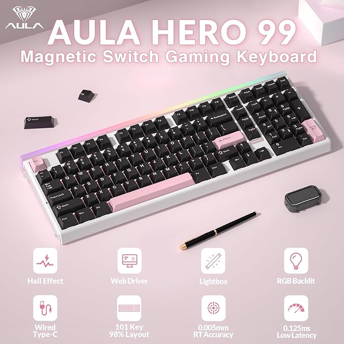 AULA Hero 99 Wired Gaming Keyboard, Hall Effect Keyboard with Rapid Trigger Mode, Hot Swappable Magnetic Switch Keyboard with Number Pad, Web Driver,RGB Backlit Mechanical Keyboard for Office PC Gamer