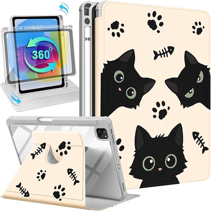 Uppuppy for iPad Air 13 inch Case(Air M4 2026/M3 2025/M2 2024), for iPad Pro 12.9 Case(6th/5th/4th/3rd/2nd/1st Gen) - 360 Rotating Smart Folio Cover with Pencil Holder for Women Girls, Black Cats