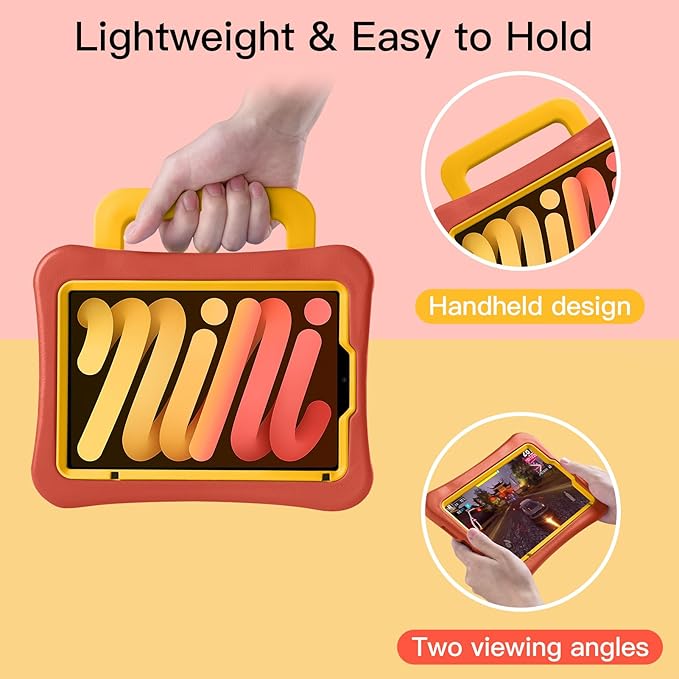 Kids Case for iPad mini 7 (A17 Pro) 2024 /iPad Mini6 2021, Light Weight Heavy Duty/Shockproof/Drop Proof with Handle/Kickstand, Child Friendly Cover for iPad mini 7th/6th Gen 8.3inch (Red Yellow)