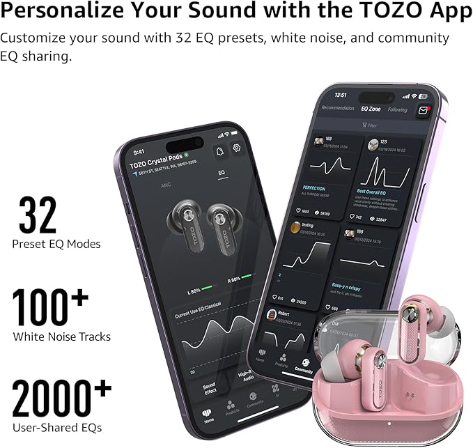 TOZO Crystal Pods Hybrid Active Noise Cancelling Wireless Earbuds, 10mm Drivers Deep Bass, 4 Mics Smart ENC AI Calls, Real-Time AI Translation, 32 EQ via App, Bluetooth 5.4, Crystal Design