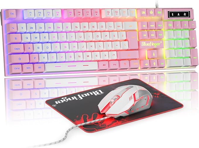 BlueFinger RGB Gaming Keyboard and Backlit Mouse Combo, USB Wired, LED Gaming Set for Laptop PC Computer Game and Work (Pink & White)