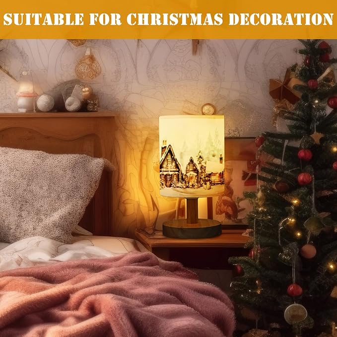 VIHOSE Christmas Table Lamp Indoor Vintage Lamp Shades Small Christmas Lamp Shade Linen Fabric Nightstand Shade Lamp Santa Night Light Christmas Desk Decorations for Bedroom Home Decor