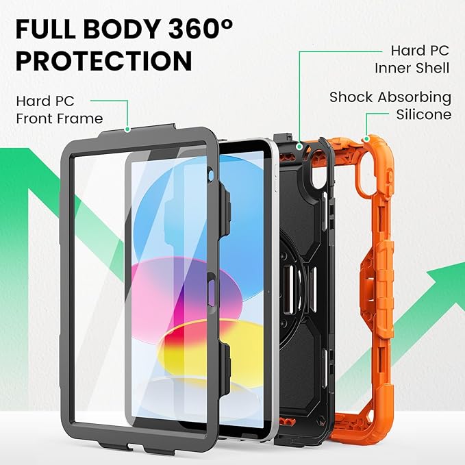 SEYMAC Case for iPad (A16) 11th/10th Generation 2025/2022 (11″/10.9″), Sturdy Heavy Duty Full-Body Shockproof Protective Case with Screen Protector, Rotating Stand, Hand/Shoulder Strap, Black/Orange