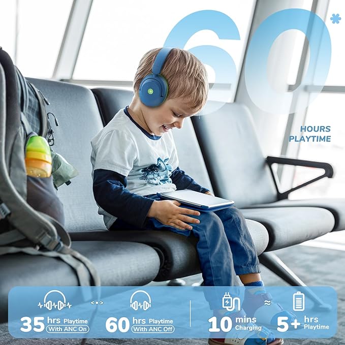 iClever BTH20 Active Noise Cancelling Headphones for Kids, 60H Play Time,Type C Fast Charging, Safe Volume 80dBA, Bluetooth5.4, Award-Winning Kids Headphones Wireless for iPad Tablet Airplane, Blue