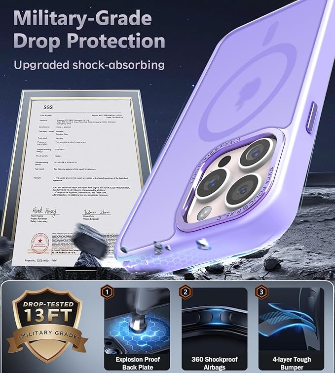 Newfuture Designed for iPhone 14 Pro Case with Magnetic [13 FT Military Drop Protection] [Compatible with Magsafe] Slim Translucent Matte Shockproof with Anti-Fingerprint Phone Case, Lilac Purple