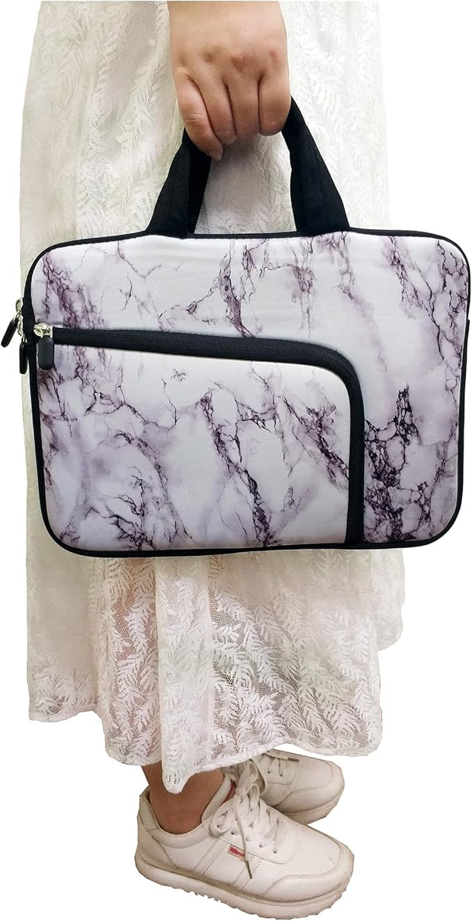 14 15 15.4 15.6 inch Laptop Handle Bag Computer Protect Case Pouch Holder Notebook Sleeve Neoprene Cover Soft Carrying Case with Extra Pockets For Dell Lenovo HP Chromebook (White Marble)