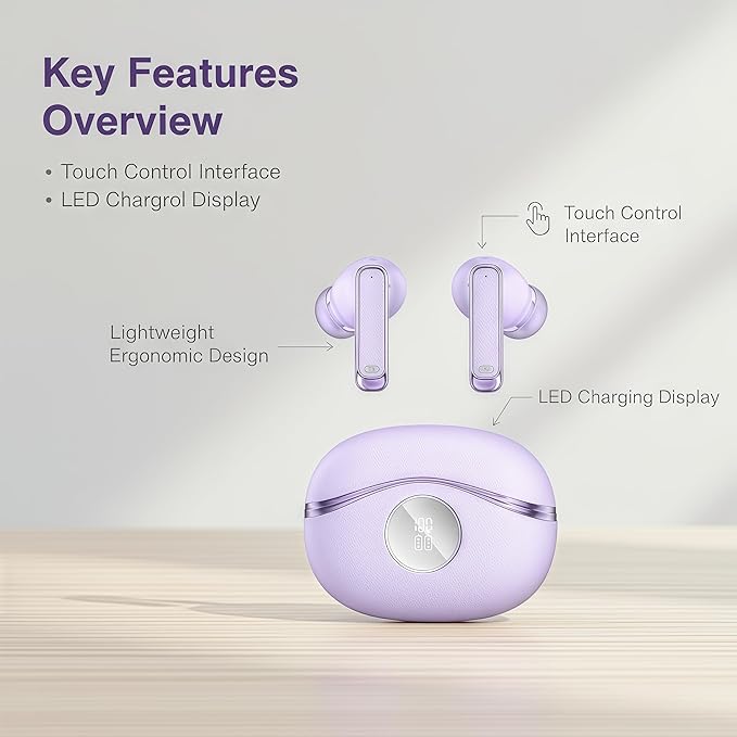 Bluetooth Wireless Earbuds - 40-Hour Battery Life, HiFi Stereo, Noise-Canceling Mic, LED Display, IPX7 Waterproof, in-Ear Headphones for Laptops/Mobile Phones/Sports, Purple