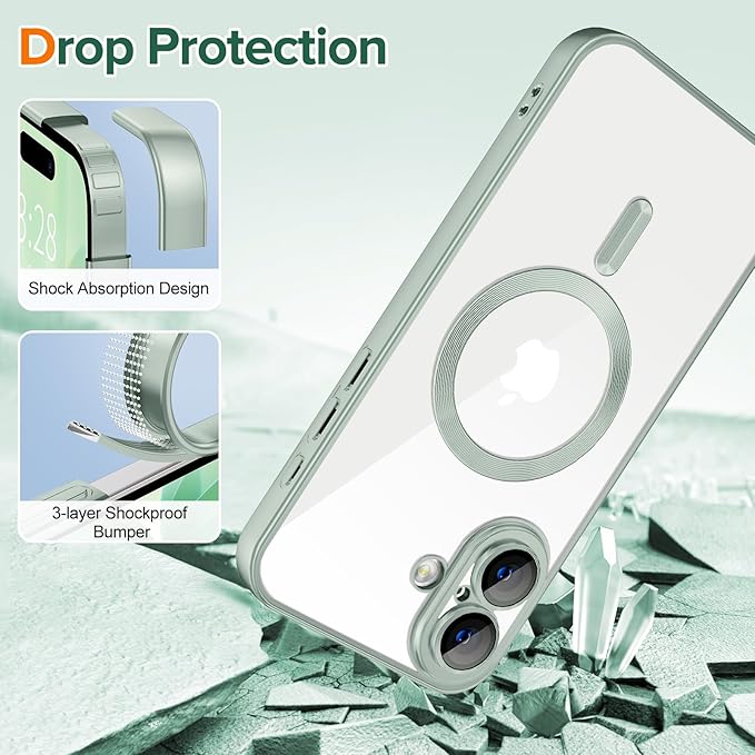 Hython Magnetic Clear for iPhone 17 Case with Camera Lens Protector [Compatible with MagSafe] Luxury Plating Edge Slim Soft TPU Cover Protective Phone Case for iPhone 17 6.3", Matte Mint