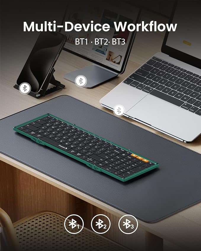 ProtoArc Foldable Bluetooth Keyboard, XK01 Full-Size Portable Wireless Keyboard for Travel, 105 Keys, 0.65" Keycaps, Multi-Device Sync for iPad Tablet Smartphone Laptop PC Windows iOS Android, Green