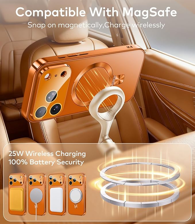 TOBOVON Magnetic for iPhone 17 Pro Case with Ring Stand, Fits MagSafe, with Built-in Camera Cover, Slim Electroplated Shockproof Phone Case, Orange