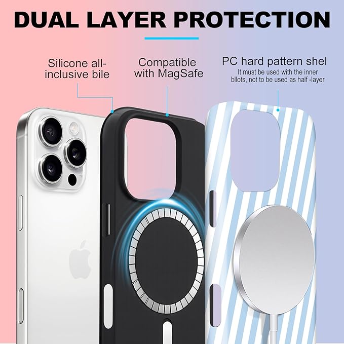 Magnetic for iPhone 13 Pro Case Cute Diagonal Stripes Phone Case, Shockproof Slim TPU and Hard PC Protective Phone Cover Compatible with MagSafe Designed for Women Girls,Blue
