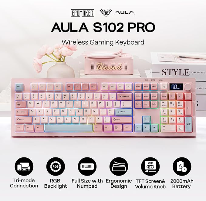 EPOMAKER Aula S102 PRO Membrane Gaming Keyboard with TFT Screen, Volume Knob & Number Pad, BT/2.4G/USB, RGB Backlit, Creamy Silicone Structure, Silent Keyboard for PC Game/Office (Pink)