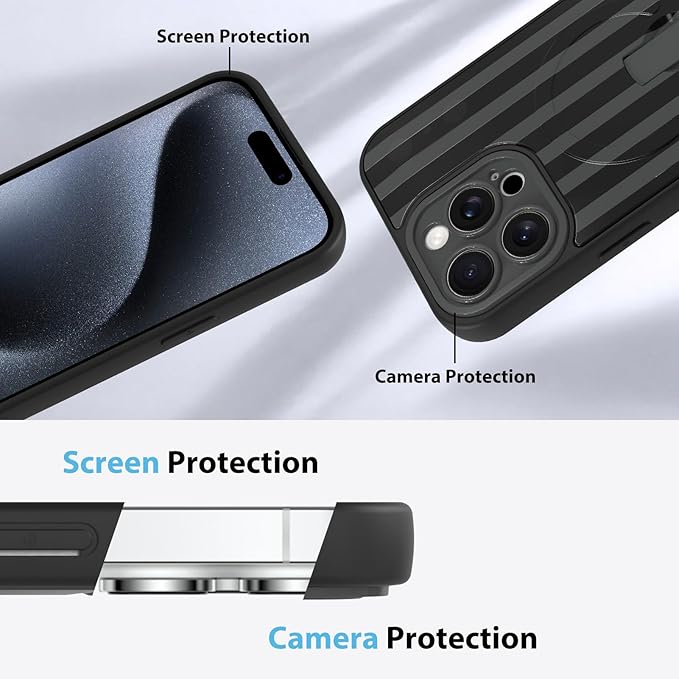 KANGHAR Compatible with iPhone 15 Pro Case, Support for MagSafe, Silicone Stripes Cute Pattern, Wristband Kickstand Camera Protection Soft Slim Cover for Girls Women -Black