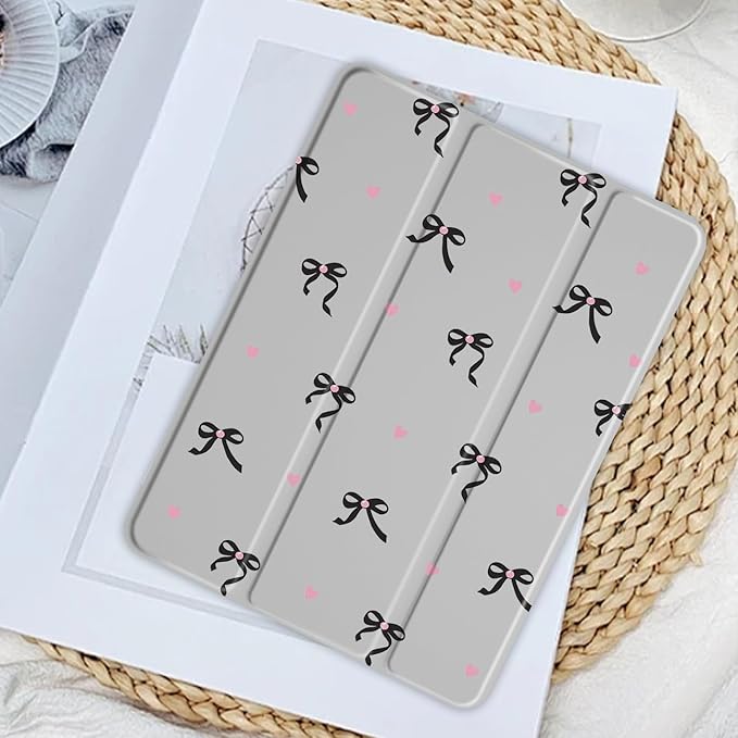 JOYLAND Cute Ribbon Bowknot Case for iPad Pro 12.9" 6th/5th/4th/3rd Generation (2022/2021/2020/2018),Girly Clear Acrylic Hard Back Grey Case with Pencil Holder Trifold Stand Tablet Cover