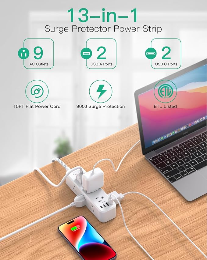 Mifaso Extension Cord, Surge Protector Power Strip, Long Power Strip with 9 Outlets 4 USB Ports, Extension Cord with Multiple Outlets, USB Power Strip for Dorm Room Essentials, College(15FT, White)