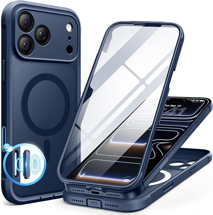 BERFY for iPhone 17 Pro Max Case, Compatible with MagSafe, Built-in Glass Screen Protector, Camera Protection, Shockproof Full Body Phone case 6.9", Translucent Blue