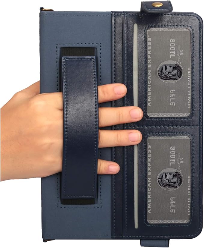 Lightweight Folio Stand Crossbody Wallet Case for iPad Mini 7.9" Series, iPad Mini 4/5 - Soft Protective Cover with Pencil Holder, Hand & Shoulder Straps, Navy