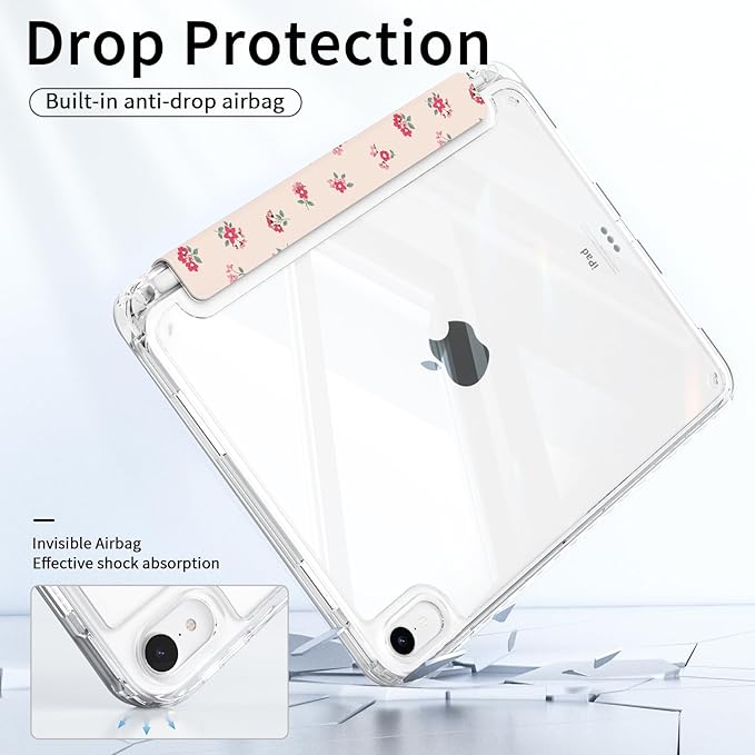 for iPad Air 11 Inch M4 (2026)/ M3 (2025)/ M2 (2024) Case, iPad Air 10.9" 5th/4th Generation Case 2022/2020 with Pencil Holder, Slim Trifold Stand Clear Back Cover, Pink Ditsy Floral
