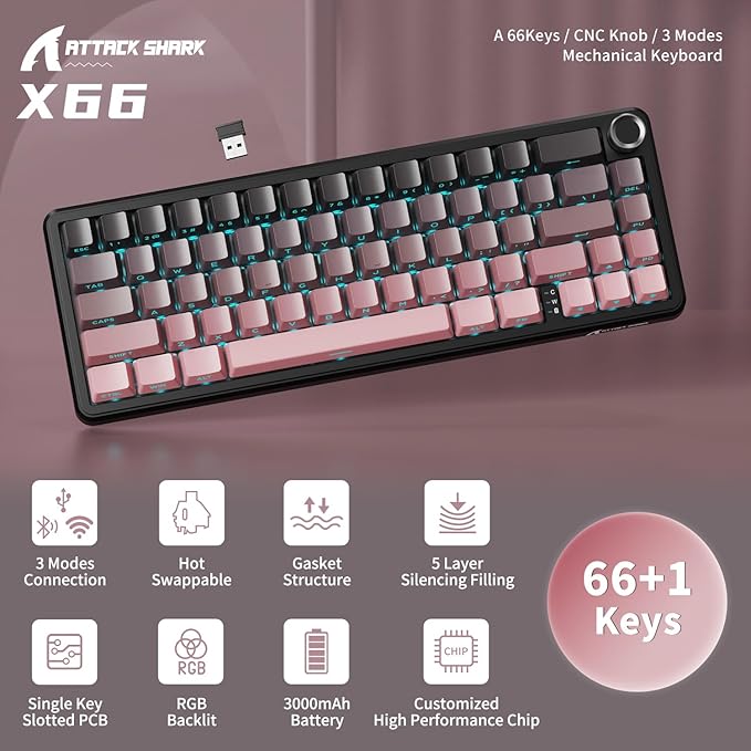 ATTACK SHARK X66 Wireless Mechanical Gaming Keyboard with Knob,Tri Mode USB-C/BT5.0/2.4G Gasket Mounted 60% RGB Gaming Keyboard,Side Printed PBT Keycap, Hot Swappable Strawberry Switch(BlackBerry)
