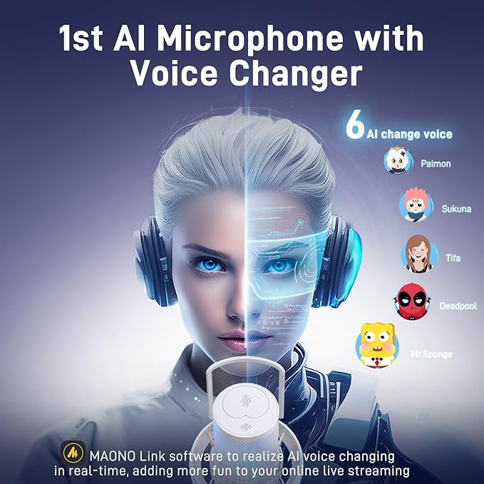 MAONO Wireless Microphone for PC, USB Gaming Mic with 6 Modes AI Voice Changer, 48kHz/24bit, 40H Battery, Intelligent Noise Reduction, RGB, One-Click Mute for Computer Podcast Recording Streaming,DM40