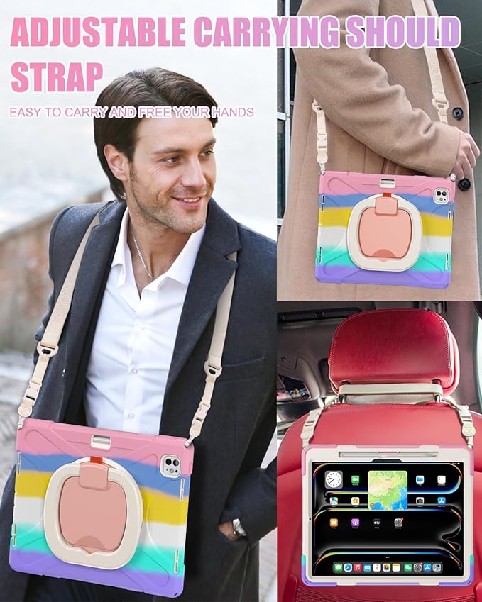 BRAECN for iPad Pro 13 Inch Case (M5/M4) 2025/2024, Heavy Duty Shockproof Silicone Cover with Multiple Adjustable Viewing Angles, Kickstand, Built-in Pencil Holder, Shoulder Strap, Colorful Pink