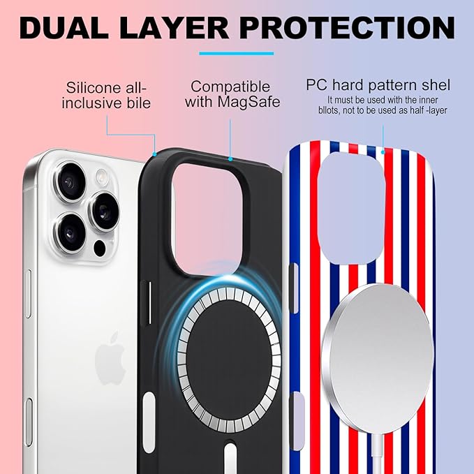 Magnetic for iPhone 13/14 Case Cute Stripes Phone Case, Shockproof Slim TPU and Hard PC Protective Phone Cover Compatible with MagSafe Designed for Women Girls, Red and Blue