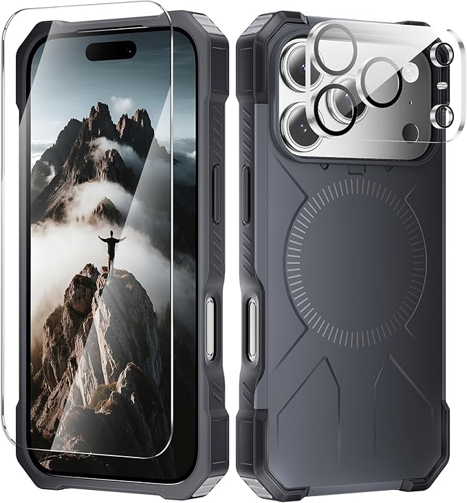 3 in 1 for iPhone 17 Pro Max Case, [1 Screen Protector & 1 Camera Lens Protector], 7X Military-Grade Drop Protection, Fits MagSafe, Tough, Rugged & Durable Heavy Duty, Black