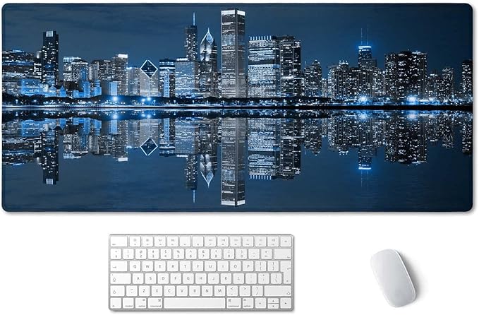 SSOIU Extended Gaming Mouse Pad (35.5x15.7 in), Large Non-Slip Rubber Base Mousepad with Stitched Edges, Waterproof Keyboard Mouse Mat Desk Pad for Work, Game, Office, Home - Chicago Skyline