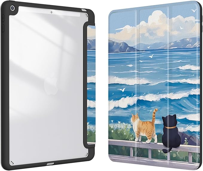Case for iPad 9th / 8th / 7th Generation (2021/2020/2019) 10.2 inch, Case with Pencil Holder, Stand Clear Back Cover Cute Cool Design for Women Girls, Auto Sleep/Wake, Cute Cat