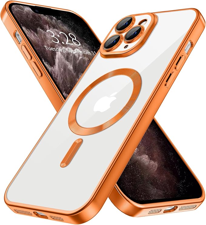 Hython Magnetic Clear for iPhone 11 Pro Case with Camera Lens Protector [Compatible with MagSafe] Luxury Plating Edge Slim Soft TPU Cover Protective Phone Case for iPhone 11 Pro 5.8", Matte Orange