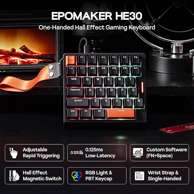 EPOMAKER HE30 One-Handed Hall Effect Keyboard, 8K Polling & 0.125ms, SOCD & Snap Key, Adjustable Trigger, PBT Keycap, RGB, Custom Software, Wired Gaming Keyboard for PC/Gamer (Black Orange)